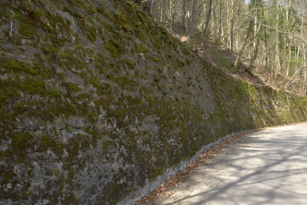 istock Retaining stone wall next to the road in the forest. 946792046