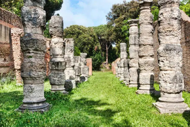Ruins of the colonnades of the Claudius s portico in the Port of Claudio in Trajan excavations site- Rome - Italy