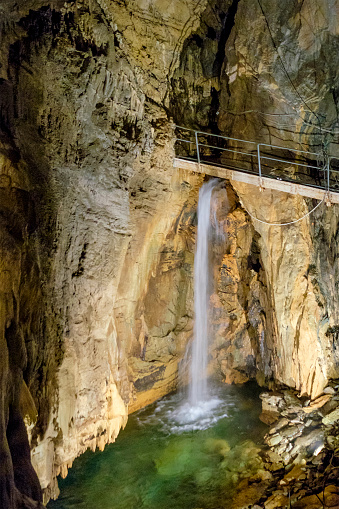 The Caves of Bossea are a set of karst caves with underground streams and lakes, a waterfall, stalagmitic, stalactites and calcareous concretions. Numerous paleontological remains have been found. They are located in the Piedmont region, in northern Italy.