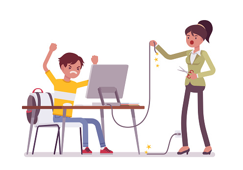 Mother cuts computer wire. Angry mother tired with her adolescent son excessive computer using, negative feelings about not walking outdoor, gaming in internet. Vector flat style cartoon illustration