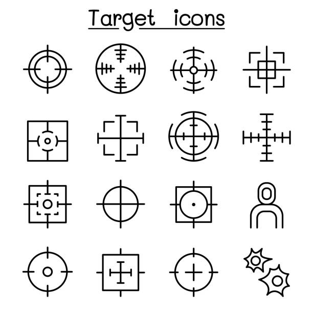 illustrazioni stock, clip art, cartoni animati e icone di tendenza di icona di destinazione impostata in stile linea sottile - rifle shooting target shooting hunting