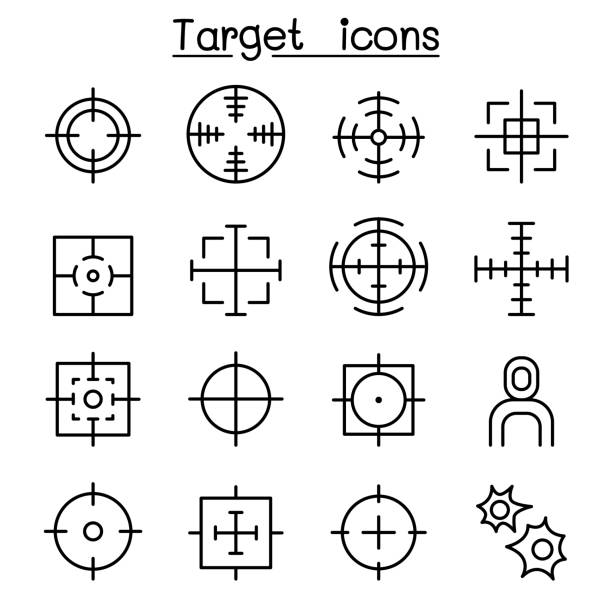 ilustrações de stock, clip art, desenhos animados e ícones de target icon set in thin line style - rifle shooting target shooting hunting