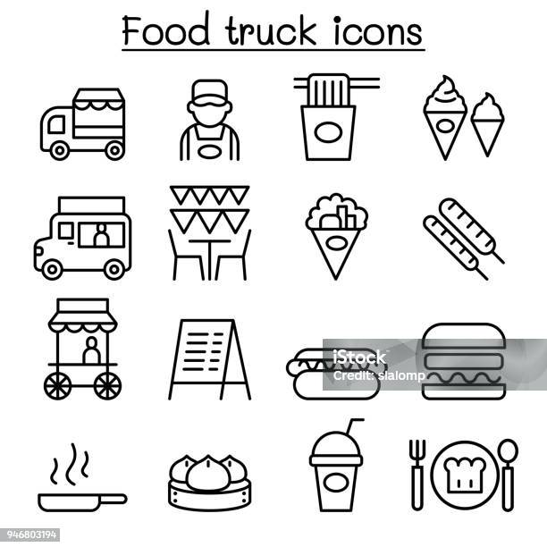 Food Truck Icon Set In Thin Line Style Stock Illustration - Download Image Now - Food Truck, Icon Symbol, Symbol