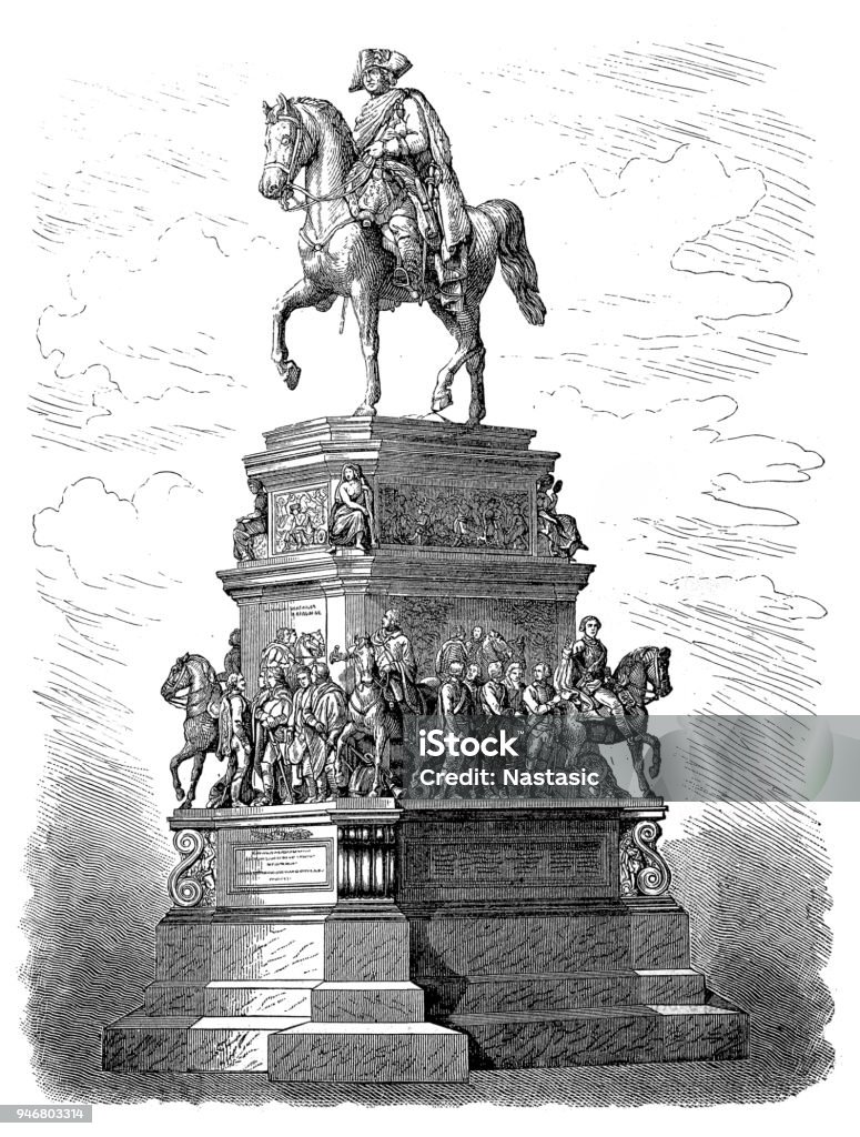 The equestrian statue of Frederick the Great is an outdoor sculpture in cast bronze at the east end of Unter den Linden in Berlin, honoring King Frederick II of Prussia Illustration of a The equestrian statue of Frederick the Great is an outdoor sculpture in cast bronze at the east end of Unter den Linden in Berlin, honoring King Frederick II of Prussia Horse stock illustration