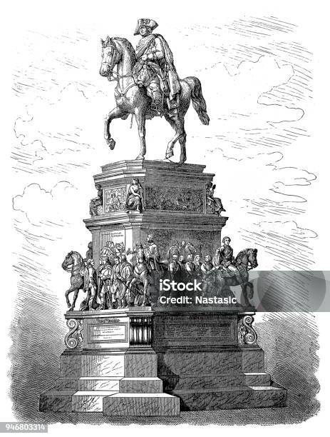 The Equestrian Statue Of Frederick The Great Is An Outdoor Sculpture In Cast Bronze At The East End Of Unter Den Linden In Berlin Honoring King Frederick Ii Of Prussia Stock Illustration - Download Image Now