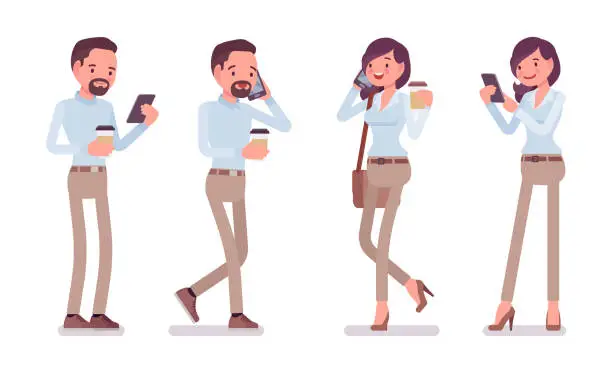 Vector illustration of Smart casual man and woman standing with smartphone