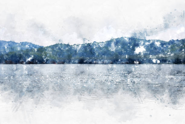 istock Abstract beautiful mountain silhouette, soft wave river and soft sunlight on oil watercolor painting background. 946803612