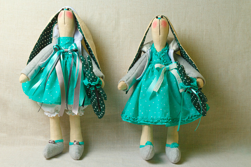 toys, bunnies, rabbits handmade in dresses easter