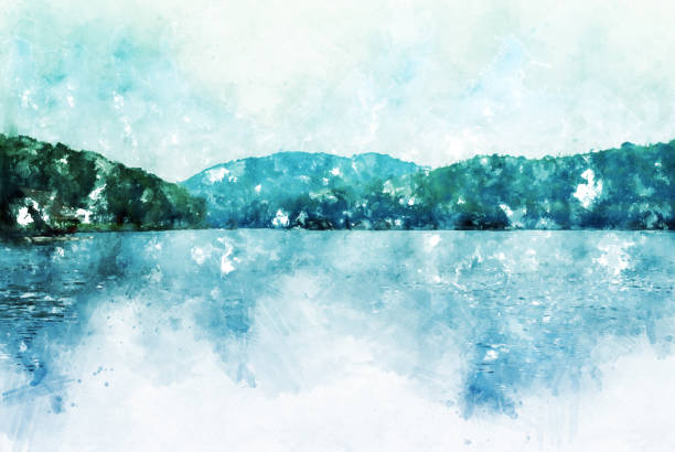 istock Abstract beautiful mountain silhouette, soft wave river and soft sunlight on oil watercolor painting background. 946807648