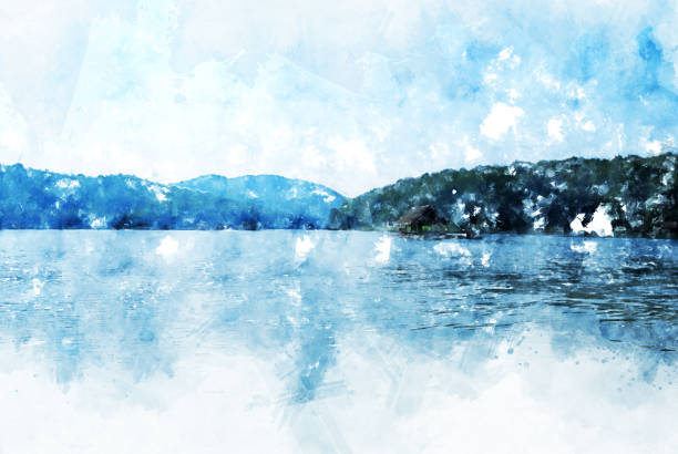 istock Abstract beautiful mountain silhouette, soft wave river and soft sunlight on oil watercolor painting background. 946808004