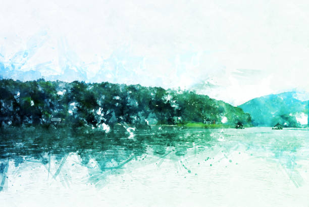 istock Abstract beautiful mountain silhouette, soft wave river and soft sunlight on oil watercolor painting background. 946810280