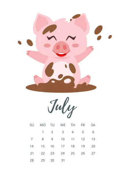 Vector illustration of July 2019 year calendar page