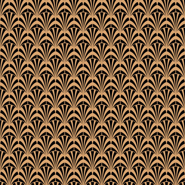 Art deco black and gold geometric style pattern Art deco black and gold geometric style seamless vector pattern. Abstract dark retro elegant background. peacock feather fan stock illustrations