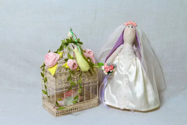 Easter rabbits, bunny toys in shape wedding. tilda. Textile bride and groom
