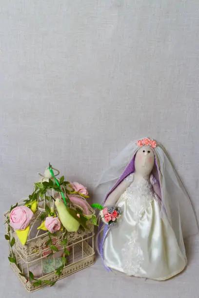 Easter rabbits, bunny toys in shape wedding. tilda. Textile bride and groom