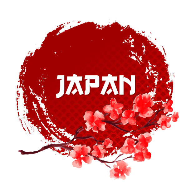 Sakura On Red Sun Background Japan Sign Template Isolated