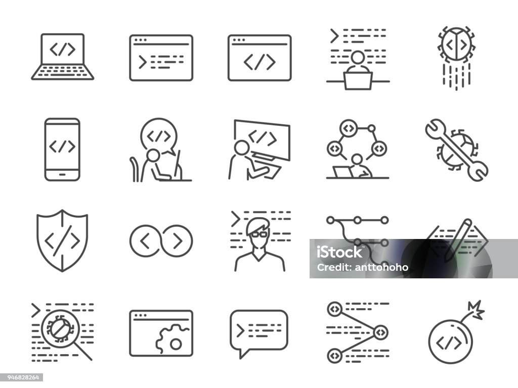 Developer icon set. Included the icons as code, programmer coding, mobile app, api, node connect, flow, logic, web coder, bug fix and more Icon Symbol stock vector