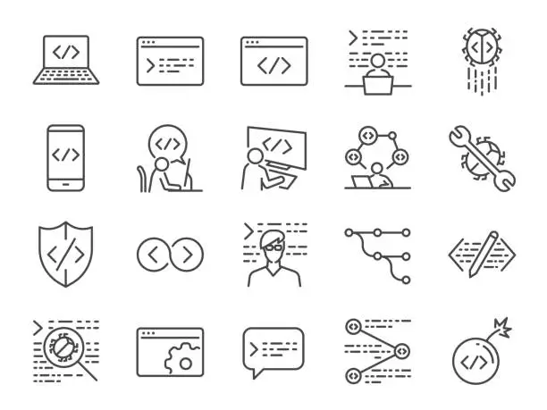 Vector illustration of Developer icon set. Included the icons as code, programmer coding, mobile app, api, node connect, flow, logic, web coder, bug fix and more