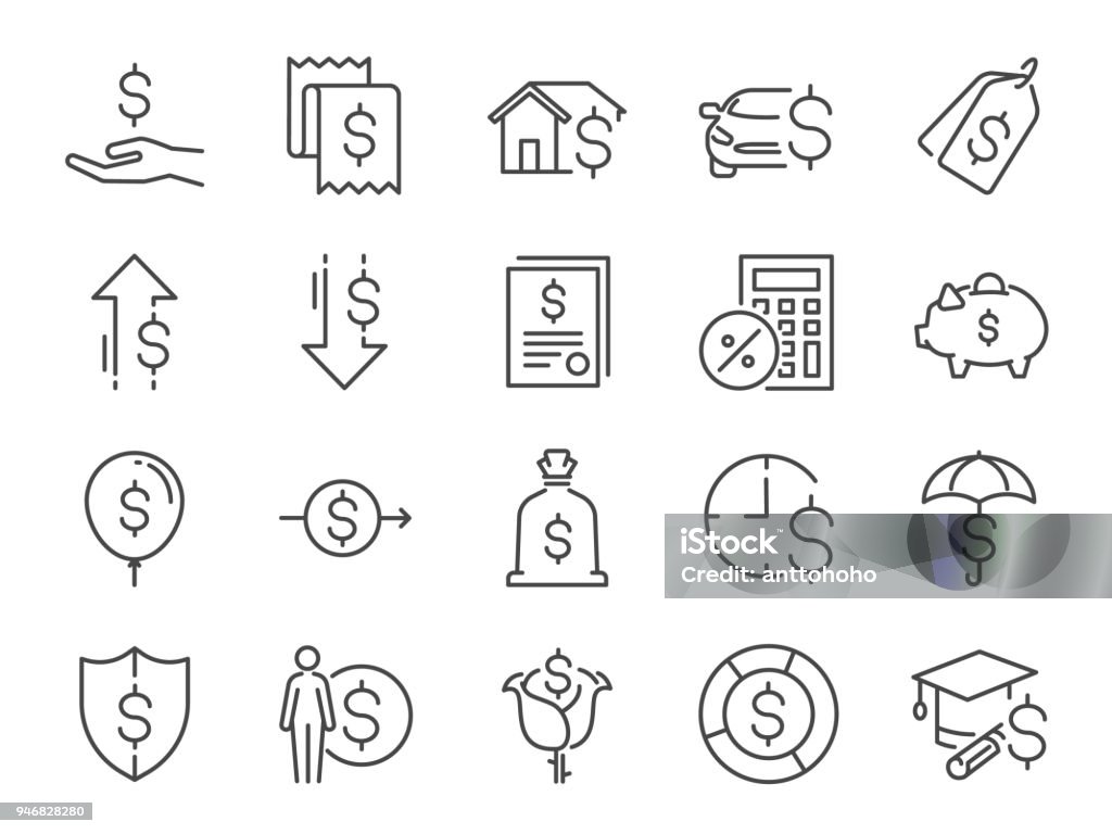 利息のアイコンを設定します。手数料、個人所得、住宅ローン、車のリース、定額金利、割賦、費用、財務比率などとしてアイコンが含まれて - アイコンのロイヤリティフリーベクトルアート