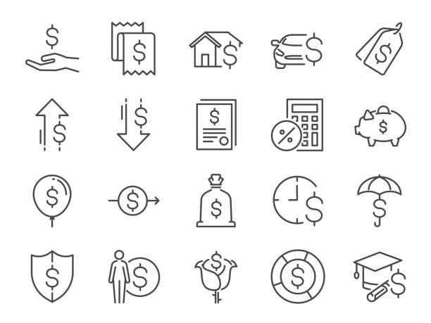 Loan and interest icon set. Included the icons as fees, personal income, house mortgage loan, car leasing, flat rate interest, installment, expense, financial ratio and more Loan and interest icon set. Included the icons as fees, personal income, house mortgage loan, car leasing, flat rate interest, installment, expense, financial ratio and more expense illustrations stock illustrations