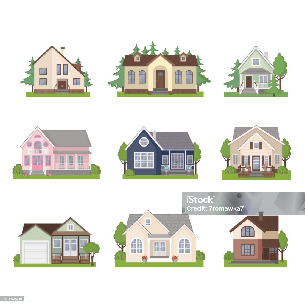 Set of cottage house icons in flat style. Set of colorful cottage houses isolated on white background. Flat Design Urban Landscape. Modern building architecture icon. Vector Illustration. House stock vector