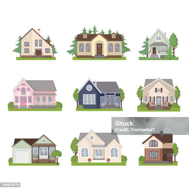 Set Of Cottage House Icons In Flat Style Stock Illustration - Download Image Now - House, Building Exterior, Outdoors