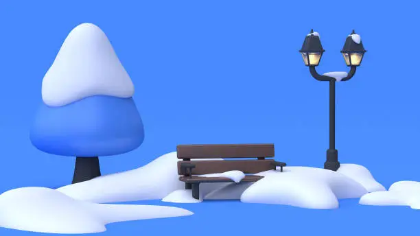 nature parks snow winter nature concept with tree chair many snow lamp blue scene blue background abstract cartoon style minimal 3d rendering