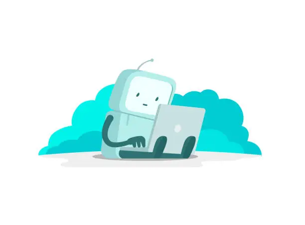 Vector illustration of The robot astronaut man sits with laptop. Search on the Internet. Internet surfing. Error page not found. Flat color vector illustration