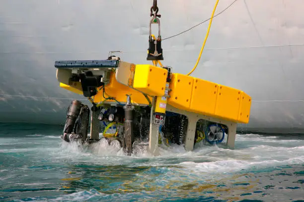 Scientific deep-sea expedition on board of Research Vessel with remotely operated underwater vehicle (ROV)