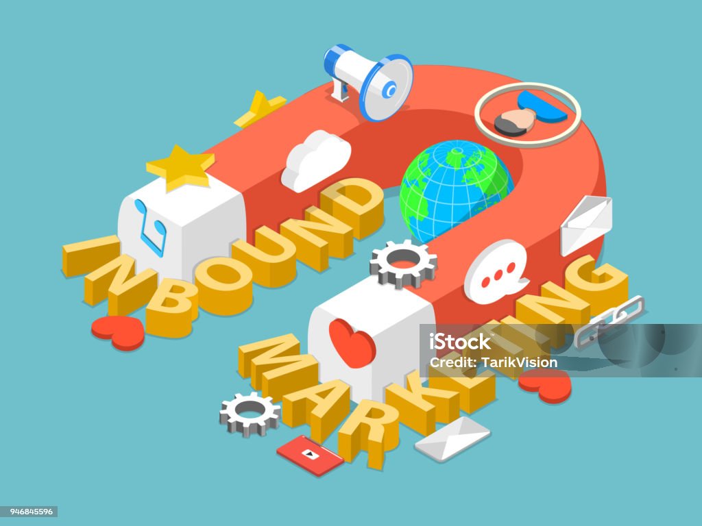 Inbound marketing flat isometric vector concept. A huge magnet have attracted the letters of words INBOUND MARKETING and corresponding attributes. Marketing stock vector