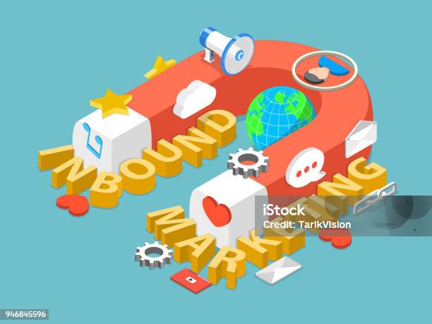 Inbound Marketing Flat Isometric Vector Concept Stock Illustration - Download Image Now - Marketing, Advertisement, Analyzing