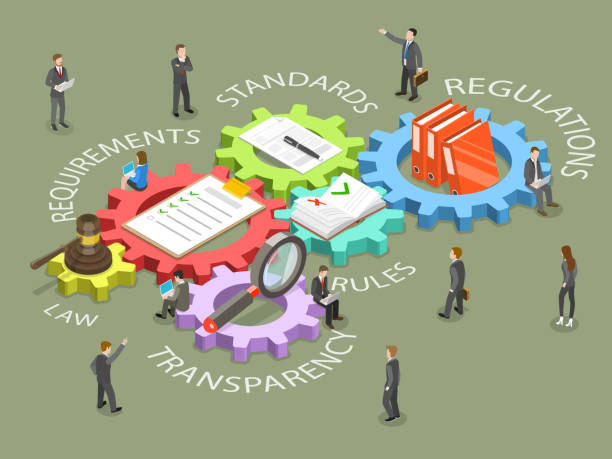 Regulatory compliance flat isometric vector. Regulatory compliance flat isometric vector concept. Business people are discussing steps to comply with relevant laws, policies, and regulations. permission concept stock illustrations