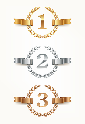 Set of rank emblems - gold, silver, bronze. First place, second place and third place signs with laurel wreath and ribbon. Vector illustration