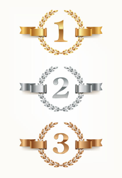 Set of rank emblems - gold, silver, bronze Set of rank emblems - gold, silver, bronze. First place, second place and third place signs with laurel wreath and ribbon. Vector illustration Third Place stock illustrations