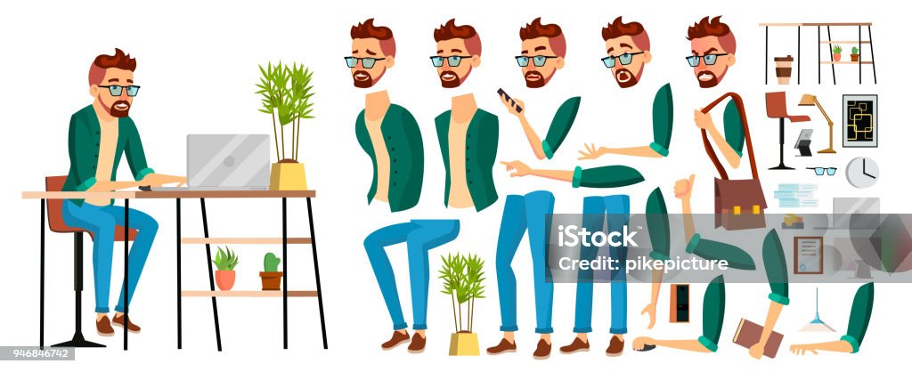 Business Man Worker Character Vector. Hipster Working Male. Office Worker. Animation Set. Clerk, Salesman, Designer. Face Emotions, Expressions. Cartoon Illustration Business Man Worker Character Vector. Hipster Working Male. Office Worker. Animation Set. Clerk, Salesman, Designer. Emotions, Expressions Cartoon Illustration Expertise stock vector