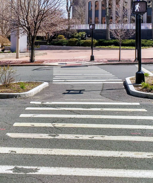 istock white lines of crosswalk with walk signals 946850194