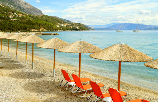 istock Ipsos Beach parasols in Corfu 946853538
