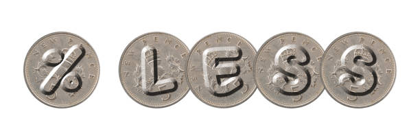 istock Percent LESS with old British coins on white background 946853828