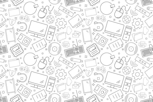 ilustraciones, imágenes clip art, dibujos animados e iconos de stock de patrón de ordenador vector. fondo transparente de la computadora - antivirus software audio