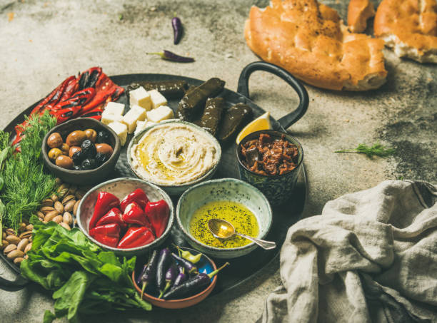 Mediterranean meze starter fingerfood platter in tray, selective focus