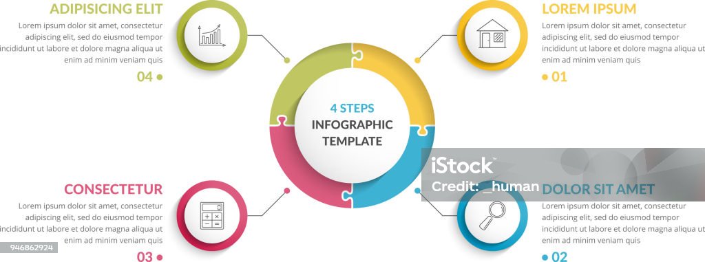 Circle Infographics - Four Elements Circle infographic template with round puzzle with four steps or options, process chart, creative business infographics, vector eps10 illustration Infographic stock vector