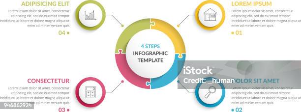 Circle Infographics Four Elements Stock Illustration - Download Image Now - Infographic, Number 4, Four Objects