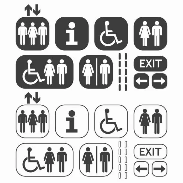 Vector illustration of Black line and silhouette Man and Woman public access icons set on white background