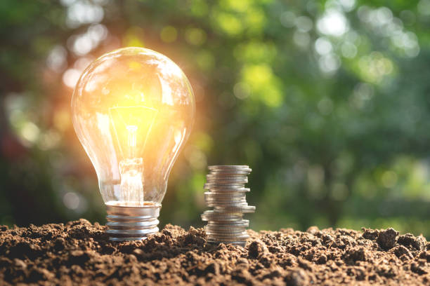 istock Lightbulb with coins concept put on the soil under green nature background. 946873154