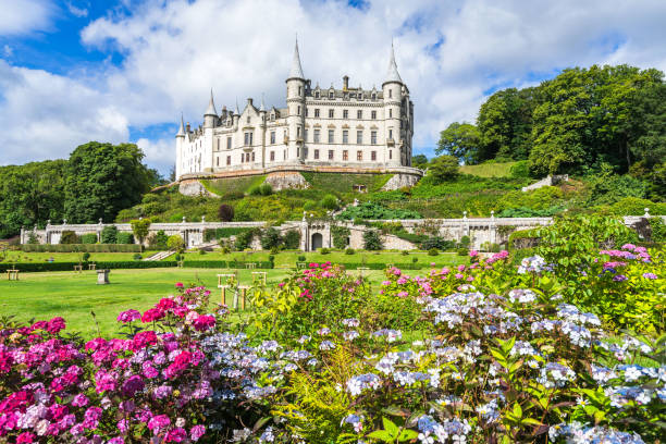 The beautiful Dunrobin Castle in magnificent sunny day. Dunrobin Castle, Sutherland, Scotland, Britain, August 2017