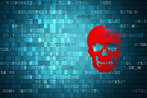 Scull on blue digital background. security concepts.