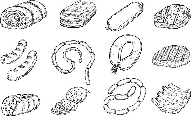 zestaw ręcznie rysowanych ilustracji produktów mięsnych. kiełbasy, boczek, smalec, łosoś, salami, stek, żeberka. elementy projektu plakatu, menu, ulotki. - meat steak sausage salami stock illustrations