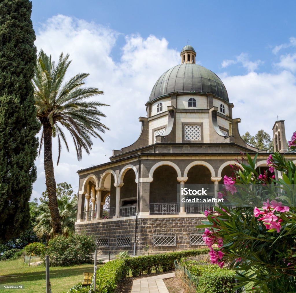 Catholic Church on the Mount of Beatitudes, Israel The Church Of The Beatitudes where Jesus preached the Sermon on the Mount. Architectural Dome Stock Photo