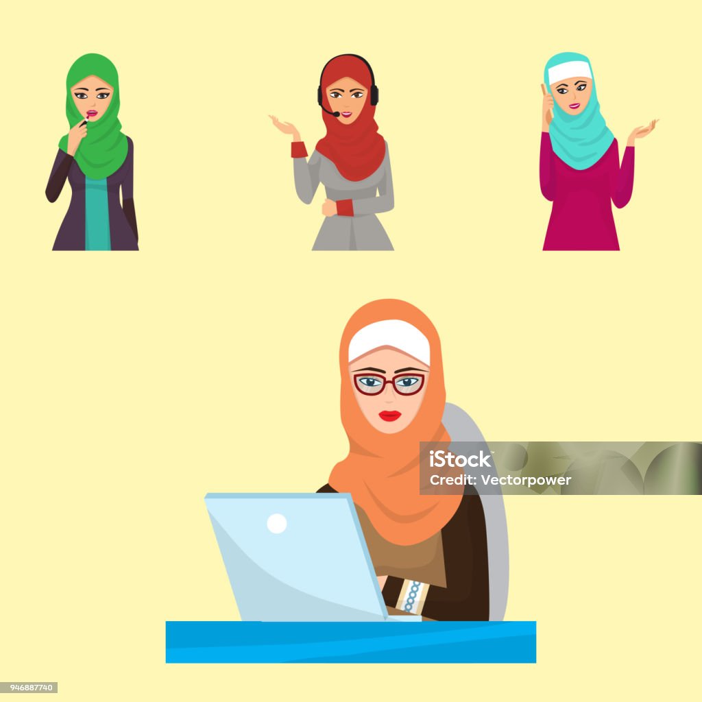 Arabic woman adult character Arabian Asia nationality islamic girl face in hijab vector illustration Arabic woman character Arabian Asia nationality islamic girl vector illustration. Cute arabic girl traditional dress pretty ethnicity religious people. Business ethnic portrait hijab. Adult stock vector