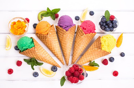 Various homemade fruit ice cream in the cone
